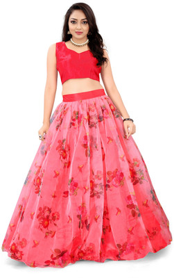 Kedar Fab Floral Print Semi Stitched Lehenga Choli(Red)