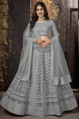 LEGCAYETHNIC Embroidered Semi Stitched Lehenga Choli(Grey)