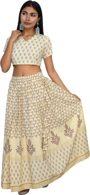JAIPUR HAND BLOCK Printed Stitched Lehenga Choli(Beige)