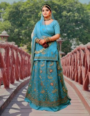 Bhawani Collection Embroidered Semi Stitched Rajasthani Poshak(Light Blue)