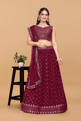HOUSE OF COMMON Embroidered, Self Design Semi Stitched Lehenga Choli(Maroon)