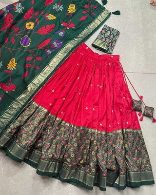 HEM SELLES Floral Print Semi Stitched Lehenga Choli(Red)