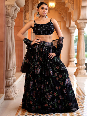 PURVAJA Floral Print Semi Stitched Lehenga Choli(Black)