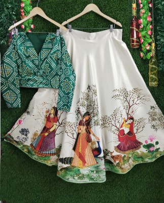 kaizen International Digital Print Semi Stitched Lehenga & Crop Top(Green)