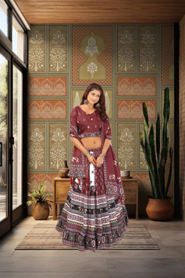 KRISHU ETHNICS Printed Semi Stitched Lehenga Choli(Maroon, White)