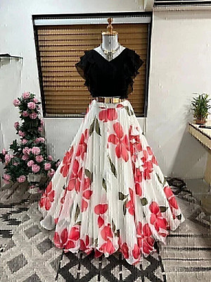 Megh Sarees Printed Semi Stitched Lehenga Choli(White)