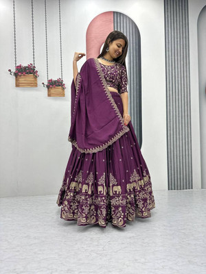 LADY SHOPI Embroidered Semi Stitched Lehenga Choli(Purple)