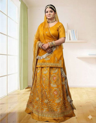 Bhawani Collection Embroidered Semi Stitched Rajasthani Poshak(Yellow)