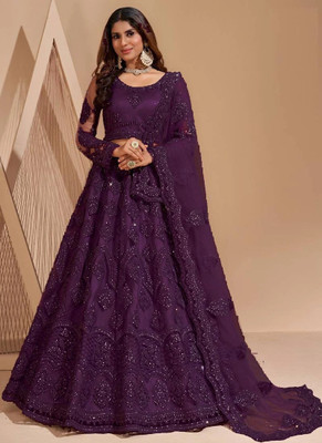 Cute Fellow Embroidered Semi Stitched Lehenga Choli(Purple)