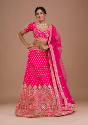 Anghanbrothers Embroidered Semi Stitched Lehenga Choli(Pink)