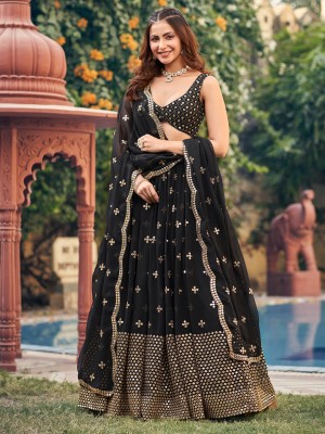 QUEDDY'S Embroidered Semi Stitched Lehenga Choli(Black)