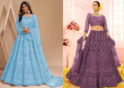Udbhav Export Embroidered Semi Stitched Lehenga Choli(Light Blue, Purple)