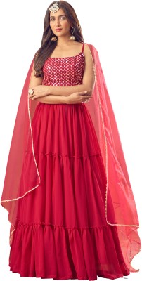 JINIMART Embellished Semi Stitched Lehenga Choli(Red)