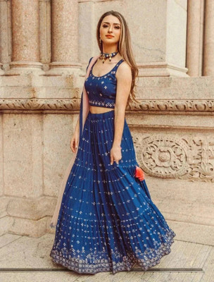 FAB WINDOW Embroidered Semi Stitched Lehenga Choli(Blue)