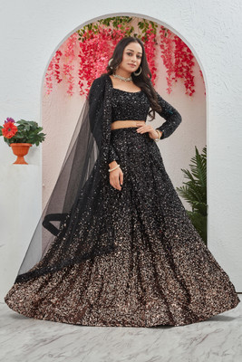 KFKD Embroidered Semi Stitched Lehenga Choli(Black)