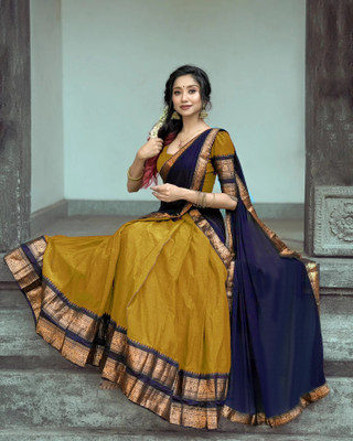 HOUSE OF COMMON Solid Semi Stitched Lehenga Choli(Gold, Dark Blue)