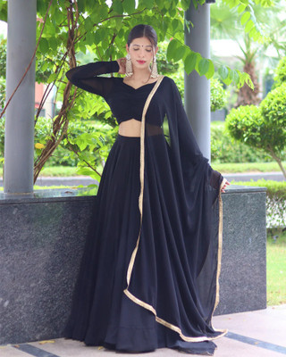 PuriMaa Solid Semi Stitched Lehenga Choli(Black)