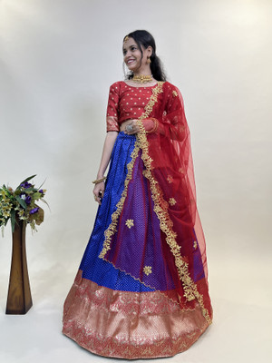 Fabcartz Self Design Semi Stitched Lehenga Choli(Blue, Red)