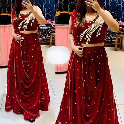 KalyaniTextile Embroidered Semi Stitched Lehenga & Crop Top(Maroon)
