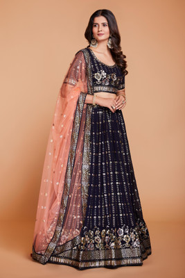 RENCY CREATION Embroidered Semi Stitched Lehenga Choli(Blue, Pink)