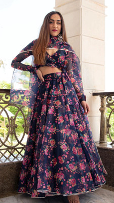 PuriMaa Digital Print Semi Stitched Lehenga Choli(Dark Blue)