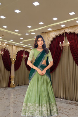 viraasat Embroidered Semi Stitched Lehenga Choli(Green)