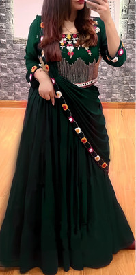 KalyaniTextile Embroidered, Embellished Semi Stitched Lehenga & Crop Top(Dark Green)