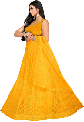 HKBDFAB Embroidered Semi Stitched Lehenga Choli(Yellow)