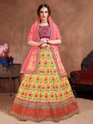 odette Embroidered Semi Stitched Lehenga Choli(Yellow)