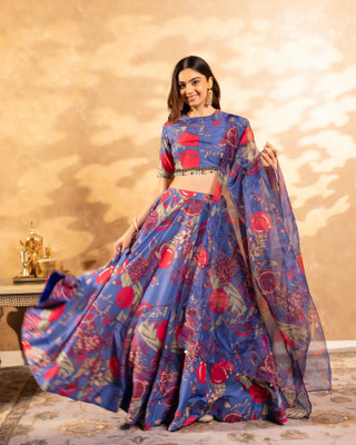kaizen International Printed Semi Stitched Lehenga Choli(Blue)
