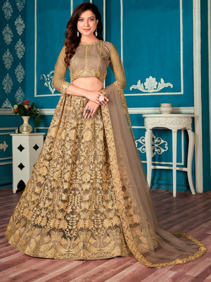 Udbhav Export Embroidered Semi Stitched Lehenga Choli(Beige)