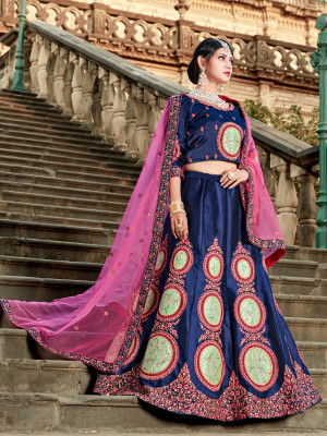 odette Embroidered Semi Stitched Lehenga Choli(Dark Blue)