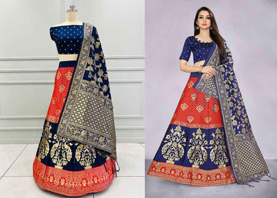 SHREE CREATION Self Design Semi Stitched Lehenga Choli(Red, Dark Blue)