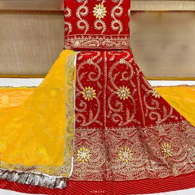 MADHUR HAND WORK ART Embroidered, Embellished Semi Stitched Rajasthani Poshak(Red, Yellow)