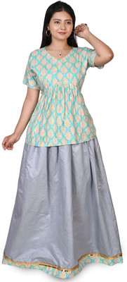 LENYRUIZ Solid Semi Stitched Lehenga & Crop Top(Light Blue)