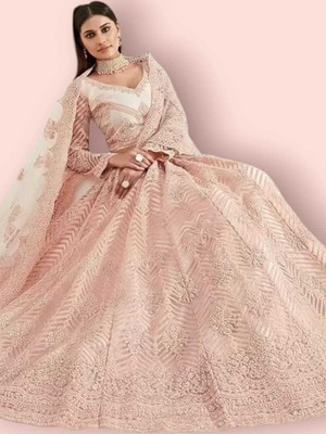 Kitvillaa Embroidered Semi Stitched Lehenga Choli(Multicolor)