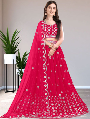 Women Wed Embroidered Semi Stitched Lehenga Choli(Pink)