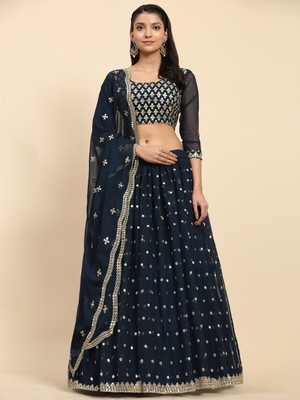 HOUSE OF COMMON Embroidered Semi Stitched Lehenga Choli(Dark Blue)