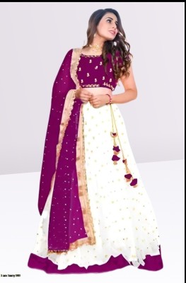 MEERAVYAENTERPRISE Embroidered Semi Stitched Lehenga Choli(White, Purple)