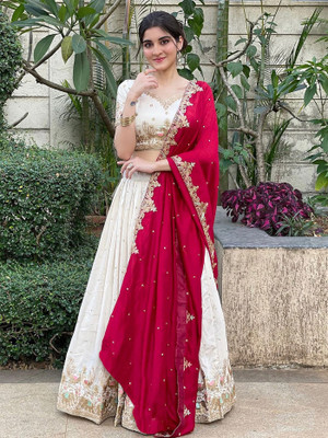 Kedar Fab Embroidered Semi Stitched Lehenga Choli(White, Red)