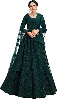 LILUDI Embroidered Semi Stitched Lehenga Choli(Green)