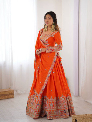 PMD Fashion Embroidered Semi Stitched Lehenga Choli(Orange)