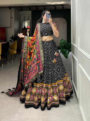 aj retail Solid, Digital Print Semi Stitched Lehenga Choli(Multicolor, Black)