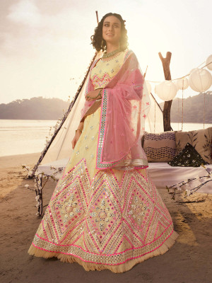 odette Embroidered Semi Stitched Lehenga Choli(Beige)