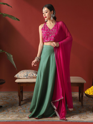 Globus Solid Stitched Lehenga & Crop Top(Pink, Green)