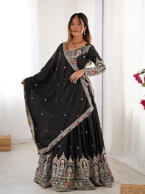 niklu fashion Embroidered Semi Stitched Lehenga Choli(Black)
