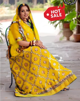 Anjani Textile Embroidered, Embellished, Self Design Semi Stitched Rajasthani Poshak(Yellow)