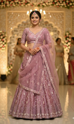 SHUBHANG Floral Print Semi Stitched Lehenga Choli(Purple)