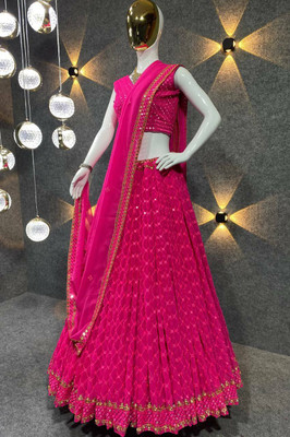BronezoMart Embroidered Semi Stitched Lehenga Choli(Pink)