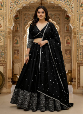 Nepyun Collection Embroidered Semi Stitched Lehenga Choli(Black)